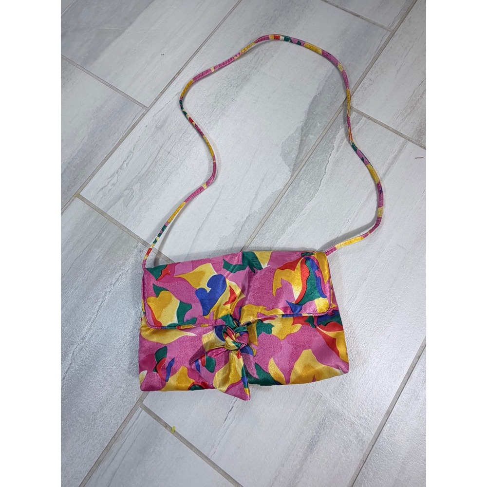 J. Renee Vintage Abstract Floral Satin Crossbody Bag Pink Yellow Multi Color